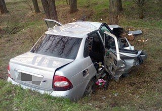 Lada Priora врезалась в дерево на трассе в Ростовской области, пострадали 2 девушки и 2 парня
