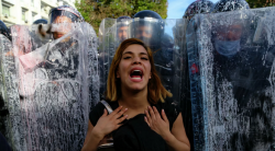 В Тунисе митингующие забросали полицию бутылками и краской